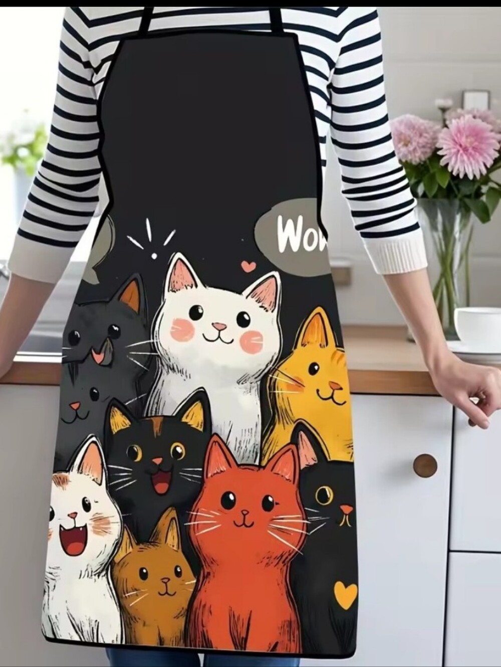 Cute Cats Kitchen Apron - Black with Multi-Color Cat Design